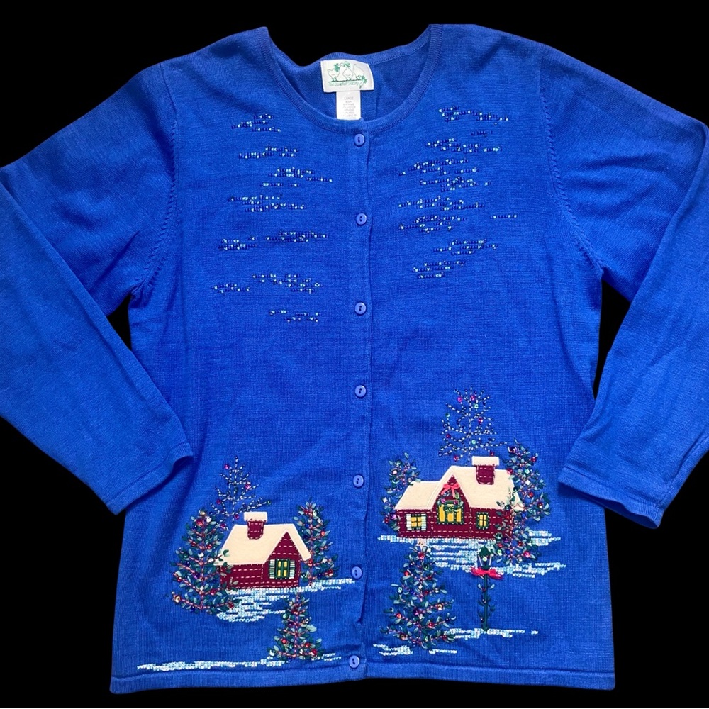 Quacker Factory Blue Holiday Cabin Sweater Women’s L Beaded Christmas Cardigan‎